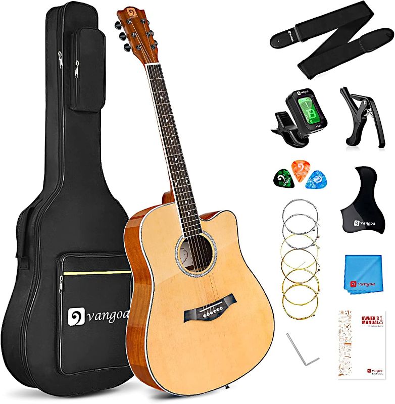 Photo 1 of Vangoa Acoustic Guitar, Full Size 41 Inch Acoustic Guitar Cutaway Bundle Kit with Gig Bag Tuner Capo for Beginners Adults Teens, Natural
