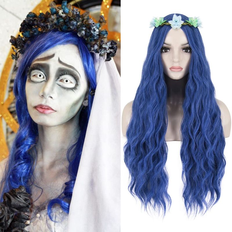 Photo 1 of Bopocoko Corpse Bride Wig Costume Women Long Blue Hair Wig with Garland Curly Wavy Cute Colorful Wigs for Party Halloween BU036DBL
