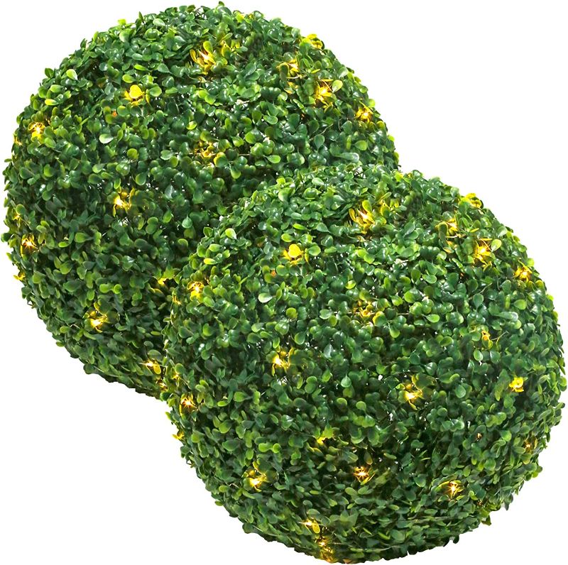 Photo 1 of AILANDA 16Inch Artificial Boxwood Topiary Ball Outdoor 2PCS Faux Boxwood Balls with 32.8 Feet LED Copper Wire Light Green Balls for Balcony, Patio, Garden, Backyard, Wedding, Home Decor (Dark Green)
