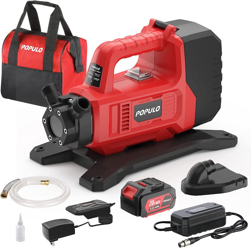 Photo 1 of POPULO Hybrid Water Transfer Pump, 120VAC or 20VDC 4Ah 325GPH 45ft Portable Electric Utility Pump, Electric Cordless Water Pump for Home, Pool, RV with 3/4" Garden Hose Thread and Suction Filter