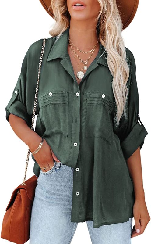 Photo 1 of Astylish Womens Casual Roll up Sleeve Lightweight Blouse Top Button Down Tunic Shirts with Pocket SIZE SMALL