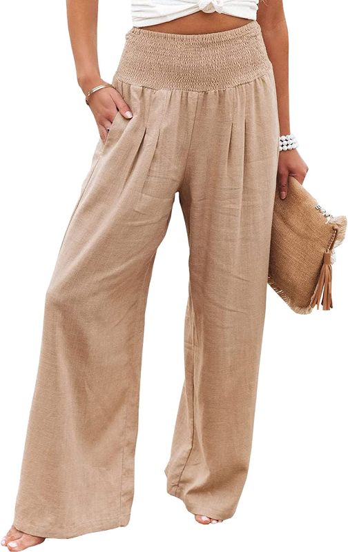Photo 1 of Zontroldy Cotton Linen Wide Leg Pants for Women Casual Elastic High Waist Smocked Palazzo Lounge Pants  SIZE XL 