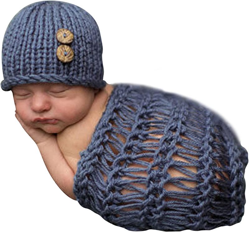 Photo 1 of ISOCUTE Newborn Photography Wraps Boy Photoshoot Outfits Basket Props Baby First Picture Gifts Knit Swaddle Blanket and Hat