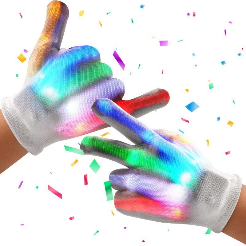 Photo 1 of 4 pairs ---Party Sticks LED Gloves Skeleton Light Up Gloves for Kids with 5 Colors and 6 Flashing LED Modes, LED Finger Lights Sensory Toy Glow in The Dark Gloves Kids Large, White 