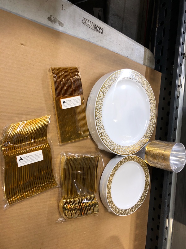Photo 2 of 150 Piece Gold Dinnerware Set, Elegant Lace Disposable Plastic Plate Include:25 Dinner Plates, 25 Dessert Plates, 25 Forks, 25 Knives, 25 Spoons, 25 Cup, Ideal for Halloween, Thanksgiving, Christmas