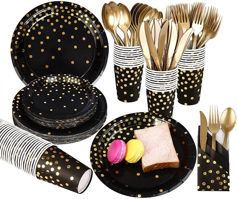 Photo 1 of 350PCS Black and Gold Party Supplies, Severs 50 Disposable Party Dinnerware, Gold Plastic Forks Knives Spoons and Golden Dot Black Paper Plates, Black Napkins Cups for Graduation, Retirement, Birthday
