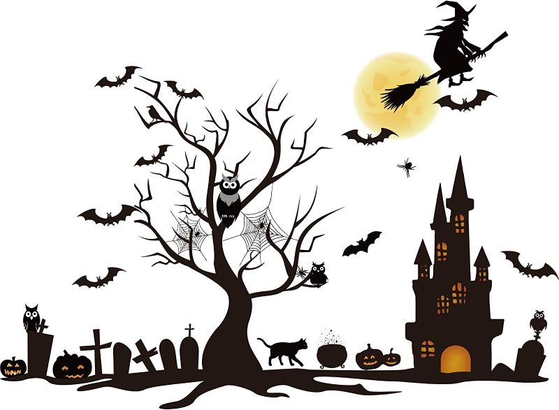 Photo 1 of 4 Sheet Halloween Window Clings Halloween Glass Decals Bat Witch Spider Pumpkin Removable Wall Decal Halloween Window Stickers Spooky Window Decals for Glass Windows Holiday Wall Stickers for Door
