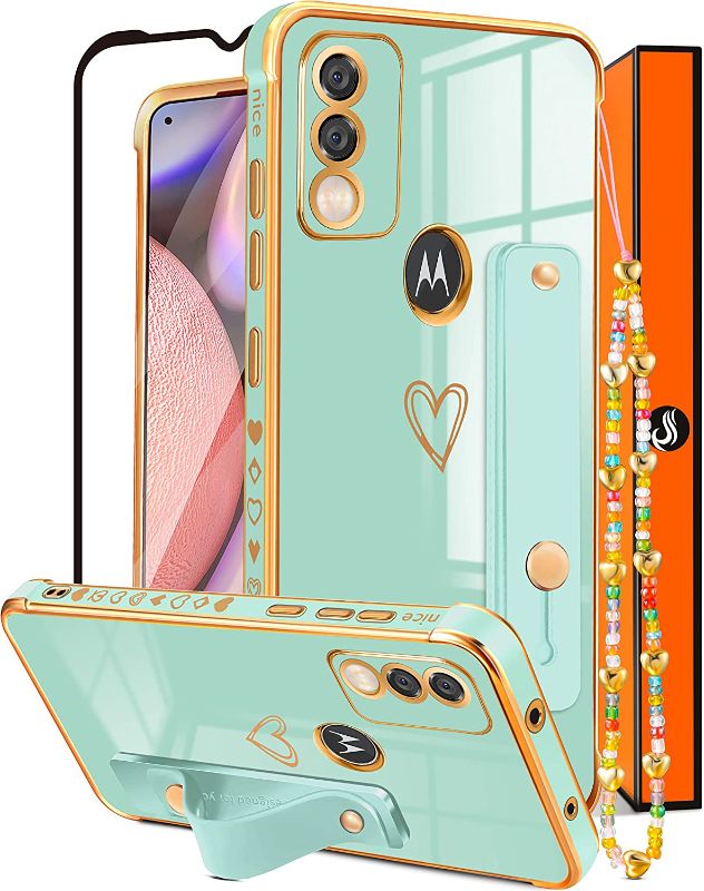 Photo 1 of Likiyami (3in1) for Motorola Moto G Pure 2021 Case Heart Women Girls Girly Cute Luxury Pretty with Stand Phone Cases Green and Gold Love Hearts Aesthetic Cover+Screen+Chain for Moto G Pure 2021 6.5"
