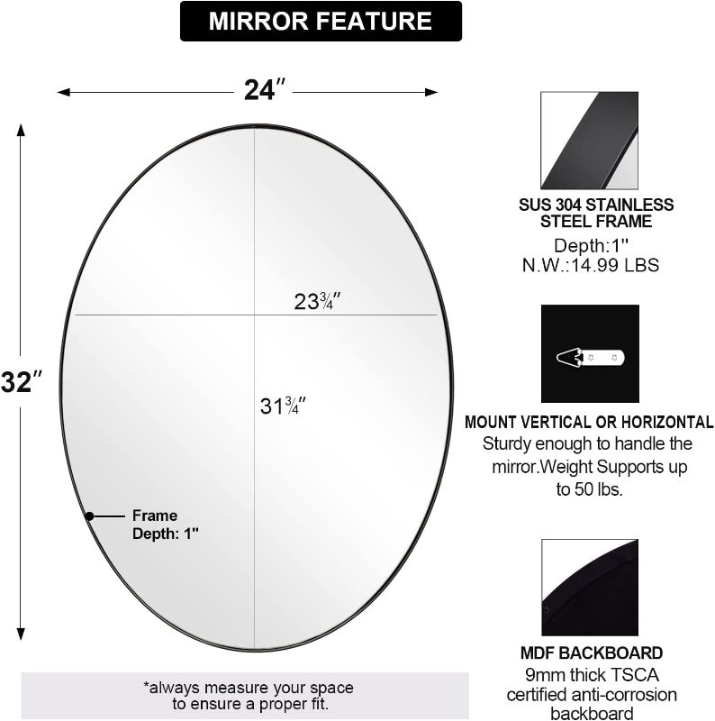 Photo 2 of ANDY STAR Black Oval Mirrors for Bathroom, 24x32'' Matte Black Metal Framed ---mirror only