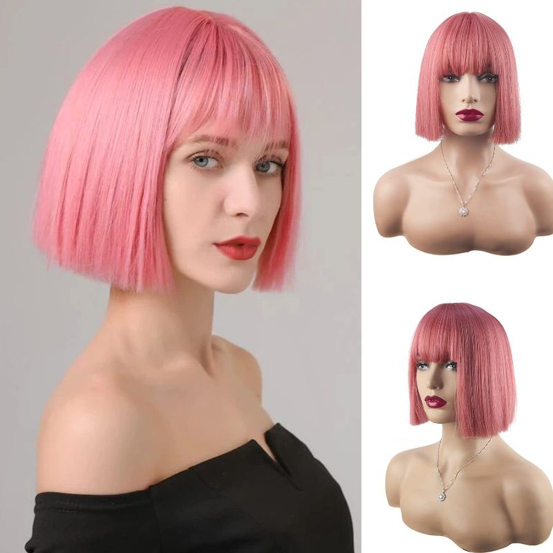 Photo 1 of 1pc---Short Bob Pink Wigs with Bangs: 10inch Straight Synthetic Brazlian Straight Hair Heat Resistant Full Machine Made Bob Wig Cosplay Hair Wigs for Black Women (Pink)
