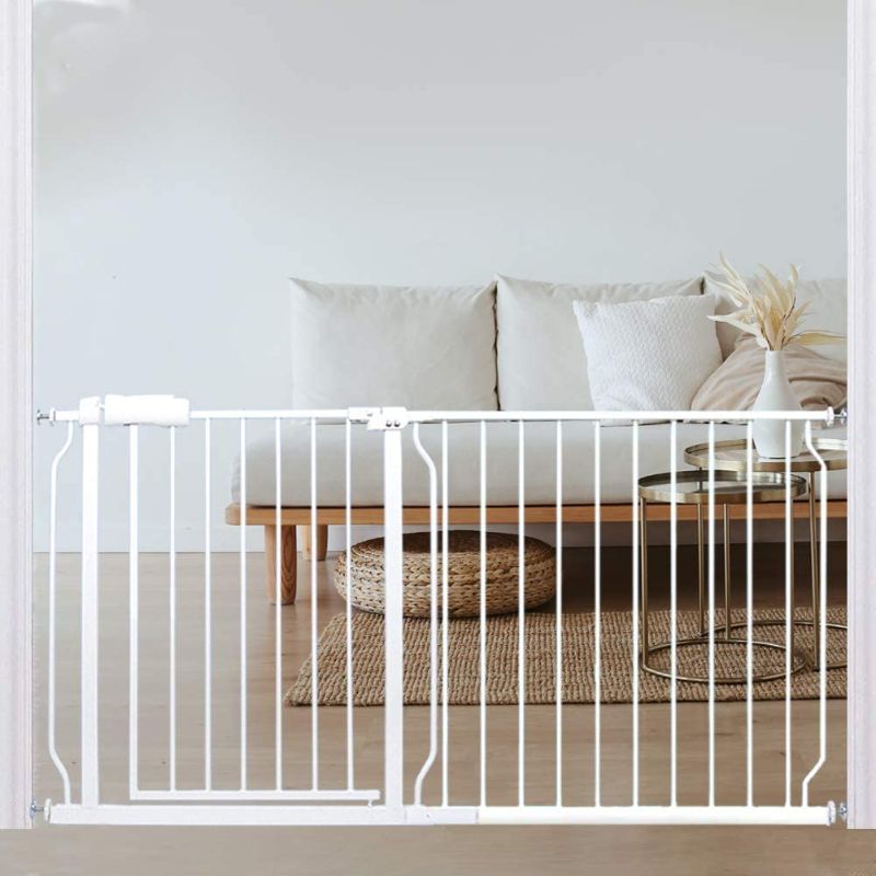 Photo 1 of Extra Wide Baby Gate 57.5 to 62.2 Inch Wide Pressure Mounted Auto Close White Metal Child Dog Pet Safety Gates with Walk Through for Stairs,Doorways,Kitchen and Living Room
