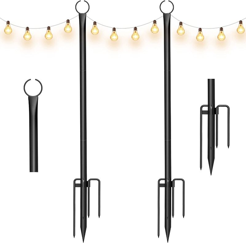 Photo 1 of aneeway Outdoor Light String Pole, 8.9ft Heavy Duty Poles with 5-Prong & Hooks, Light Poles for Patio, Garden, Backyard & Party, Wedding, Holidays - 2 Pack, Matte Black
