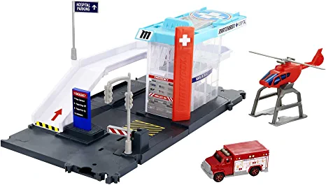 Photo 1 of Matchbox Action Drivers Matchbox Helicopter Rescue Playset for Kids 3 Years Old & Up, with 1 1:64 Ambulance, Helicopter with Free-Spinning Propeller & Car-Carrier,GVY83 , Red
