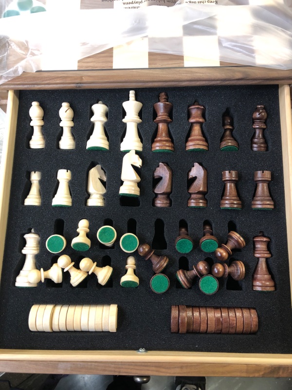 Photo 3 of A&A 15 inch Walnut Wooden Chess & Checkers Set w/ Storage Drawer /Weighted Chess Pieces - 3.0 inch King Height/ Walnut Box w/Walnut & Maple Inlay / 2 Extra Queen / Classic 2 in 1 Board Games Weighted Pieces w/ Walnut Box