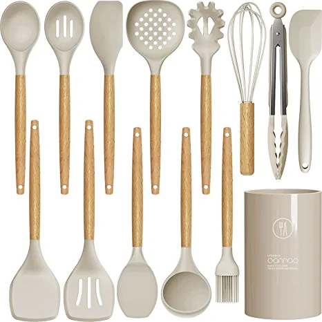 Photo 1 of 14 Pcs Silicone Cooking Utensils Kitchen Utensil Set - 446°F Heat Resistant,Turner Tongs, Spatula, Spoon, Brush, Whisk, Wooden Handle Kitchen Gadgets with Holder for Nonstick Cookware (BPA Free Khaki)
