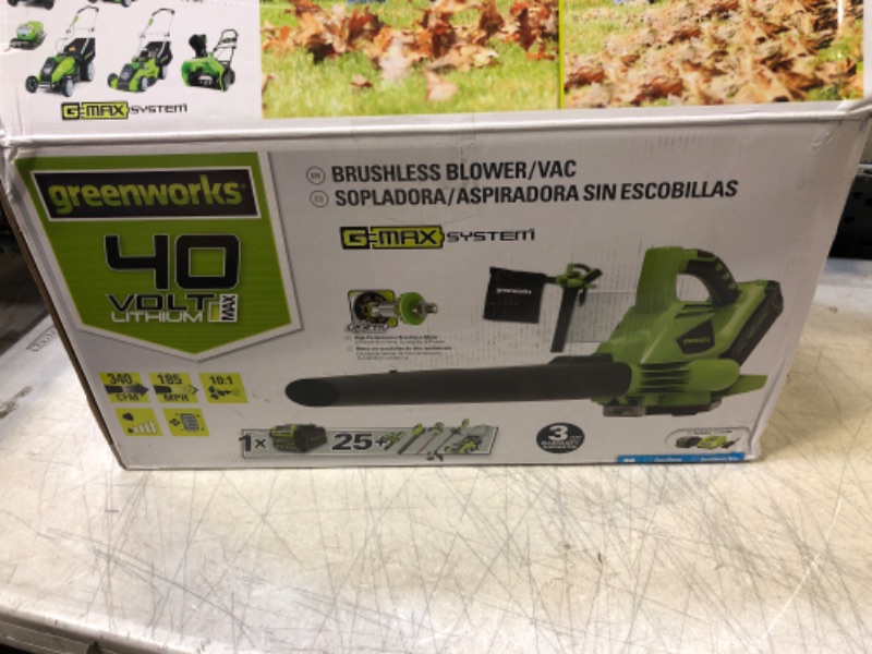 Photo 4 of Greenworks 40V 185 MPH Variable Speed Cordless Leaf Blower/Vacuum, 4.0Ah Battery and Charger Included 24322 & 40V 2.0 AH Lithium Ion Battery 29462