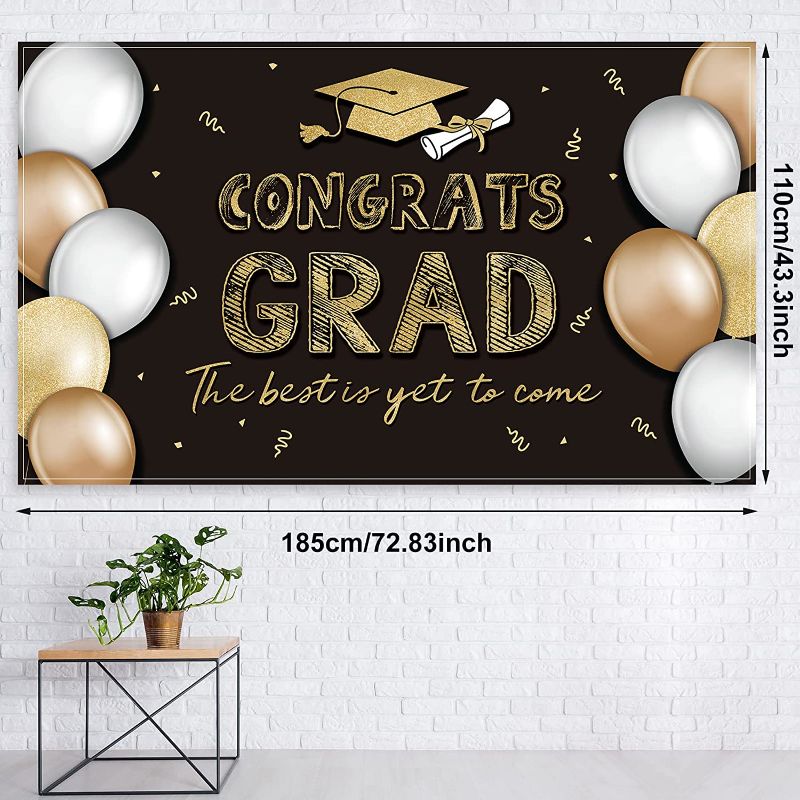 Photo 1 of 53 Pack Graduation Decorations 2022 Congrats Backdrop, Latex Balloons with Ribbons for College High School Graduation Party Supplies (Black and Gold)
