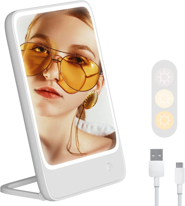 Photo 1 of 8.34"L x 5.15"W inches WIZCHARK Lighted Folding Travel Mirror, USB Rechargeable Makeup Mirror, 3 Color Lighting Modes Travel Mirror, 180 Rotating Adjustable LED Vanity Mirror for Desktop and Bathroom (Suitable for Hanging and Mounting)

 