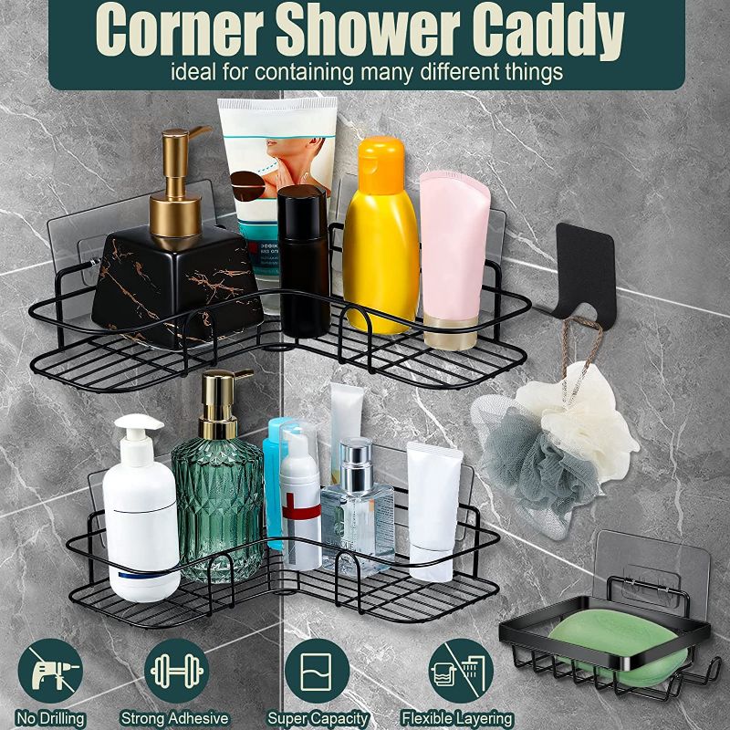 Photo 1 of Adhesive Corner Shower Caddy Shelf Basket Rack and Bar Soap Holder with 4 Hooks, Rust Proof No Drilling Shower Organizer Corner Shower Basket for Bathroom Toilet Kitchen Storage, Black
