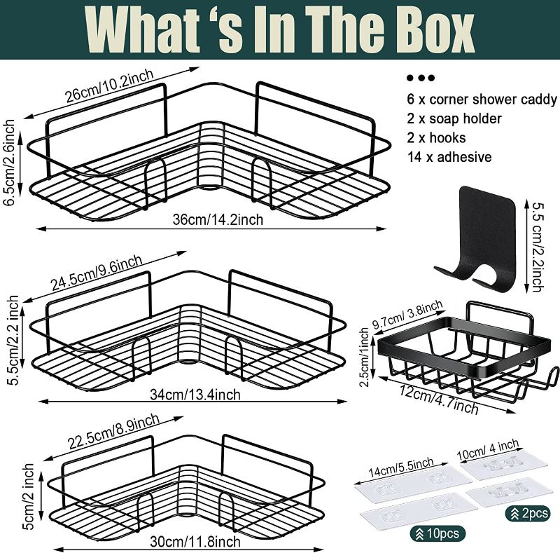 Photo 3 of Adhesive Corner Shower Caddy Shelf Basket Rack and Bar Soap Holder with 4 Hooks, Rust Proof No Drilling Shower Organizer Corner Shower Basket for Bathroom Toilet Kitchen Storage, Black

