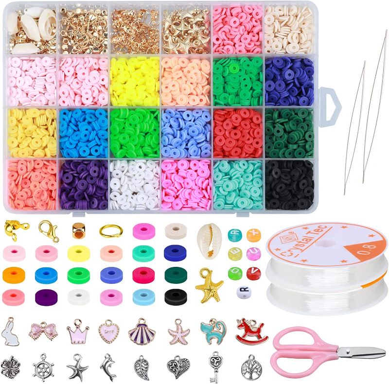 Photo 1 of Beads for Jewelry Making kit 5000 Pcs Heishi Beads Clay Beads 6mm 20 Colors with 520 Pcs Letter Beads 2 Roll Elastic Strings for DIY Jewelry Making Bracelets Necklace Beading Supplies Accessories
