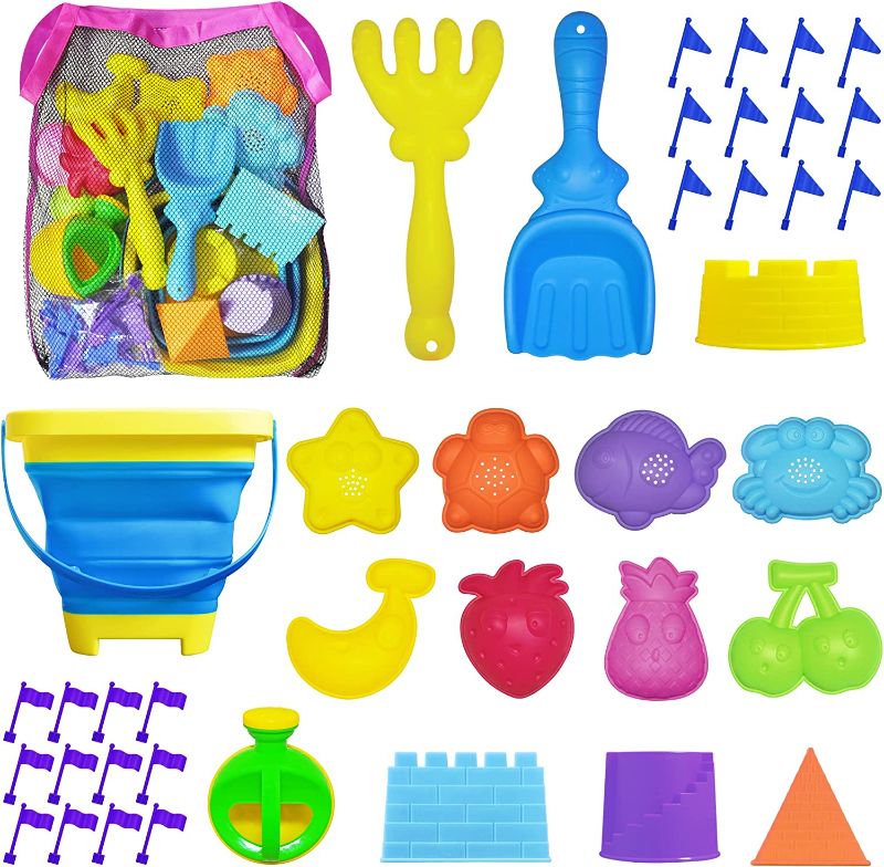 Photo 1 of 41 PCS Beach Toys for Kids Age 3-10, Sand Toys Collapsible Sand Bucket and Shovels Set with Mesh Bag, Flags, Sand Molds, Sandbox Toy for Toddlers, Christmas Birthday Gift Ideas for Kid Girls & Boys
