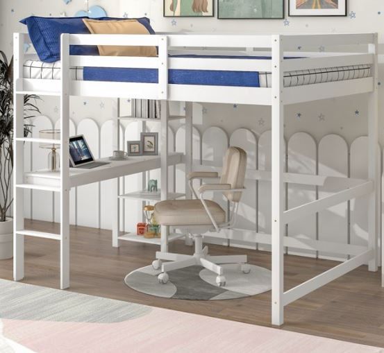 Photo 1 of **INCOMPLETE BOX 2 OF 2 ONLY**Full Size Loft Bed with Built-in Desk for Kids Teens Adult, Wooden Bed Frame with Safety Guardrail & Ladder, Multi-functional Bed, Sleeping Bed, No Box Spring Needed, White
