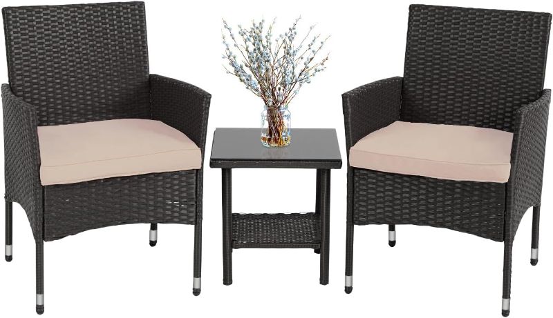 Photo 1 of *MISSING CUSHIONS* FDW Outdoor Wicker Bistro Rattan Chair Conversation Sets with Coffee Table for Yard Backyard Lawn Porch Poolside Balcony,Black
