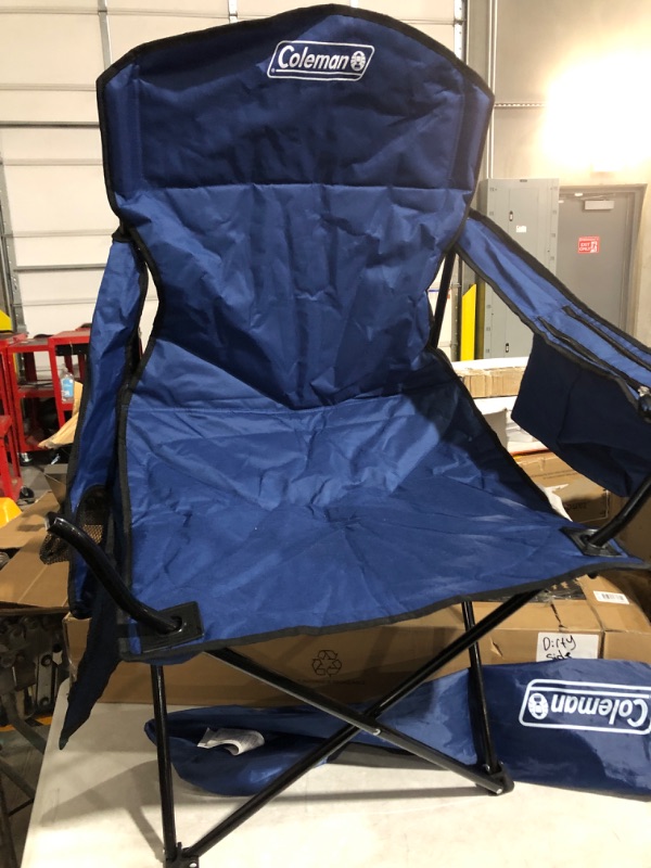 Photo 3 of **MAJOR DAMAGE**
Coleman Camping Chair with Built-in 4 Can Cooler Blue Chair