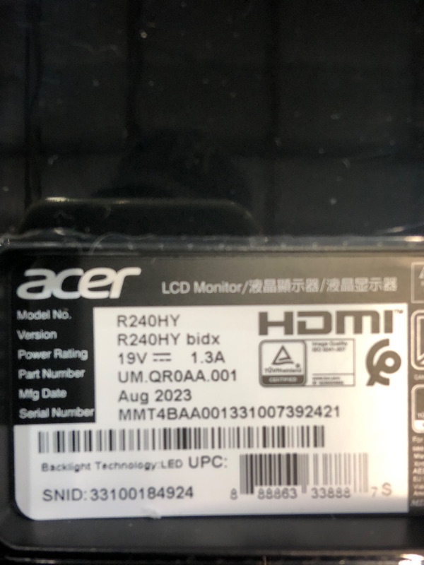 Photo 1 of **NON REFUNDABLE NO RETURNS SOLD AS IS**
"Missing Power Plug/BASE, unable to test" Acer R240HY bidx 23.8-Inch IPS HDMI DVI VGA (1920 x 1080) Widescreen Monitor, Black Full HD USB Streaming 2MP Webcam with Digital Microphone With Webcam 23.8-inch IPS 60Hz