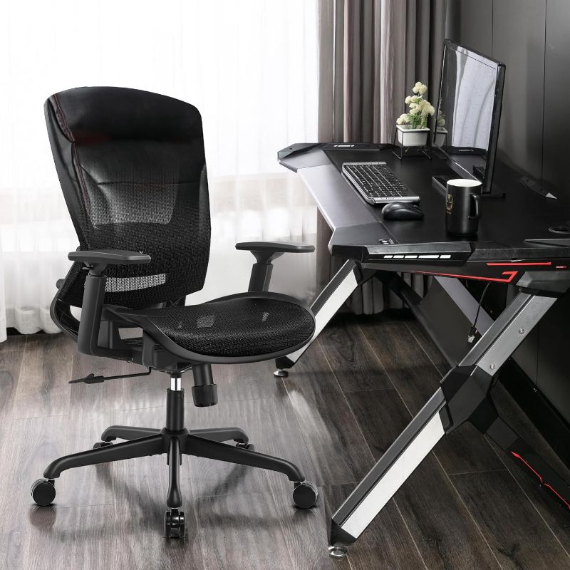 Photo 1 of ELABEST Mesh Office Chair,Ergonomic Computer Desk Chair,Sturdy Task Chair- Adjustable Lumbar Support & Armrests,Tilt Function,Comfort Wide Seat,Swivel Home Office Chair (Black with Headrest)
