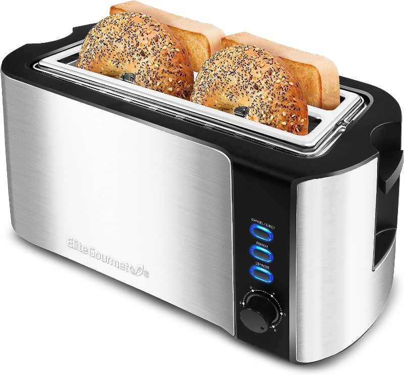 Photo 1 of * Broken for Parts * Elite Gourmet ECT-3100 Long Slot 4 Slice Toaster, Reheat, 6 Toast Settings, Defrost, Cancel Functions, Built-in Warming Rack, Extra Wide Slots for Bagels & Waffles, Stainless Steel & Black
