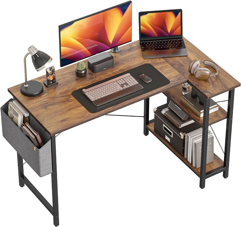 Photo 1 of CubiCubi 47 Inch Small L Shaped Computer Desk with Storage Shelves Home Office Corner Desk Study Writing Table, Rustic Brown
