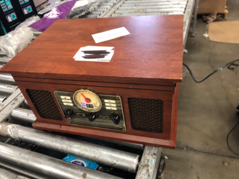 Photo 2 of SEE DAMAGE PICS**Victrola Nostalgic 6-in-1 Bluetooth Record Player & Multimedia Center with Built-in Speakers - 3-Speed Turntable, CD & Cassette Player, FM Radio | Wireless Music Streaming | Mahogany
