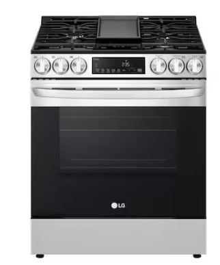 Photo 1 of LG 30-in 5 Burners 5.8-cu ft Self-cleaning Air Fry Convection Oven Slide-in Smart Gas Range (Printproof Stainless Steel)
