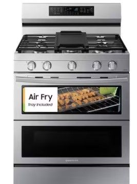 Photo 1 of DENTED FRONT Samsung 30-in 5 Burners 3.4-cu ft / 2.5-cu ft Self-cleaning Air Fry Convection Oven Freestanding Smart Natural Gas Double Oven Gas Range (Fingerprint Resistant Stainless Steel)
