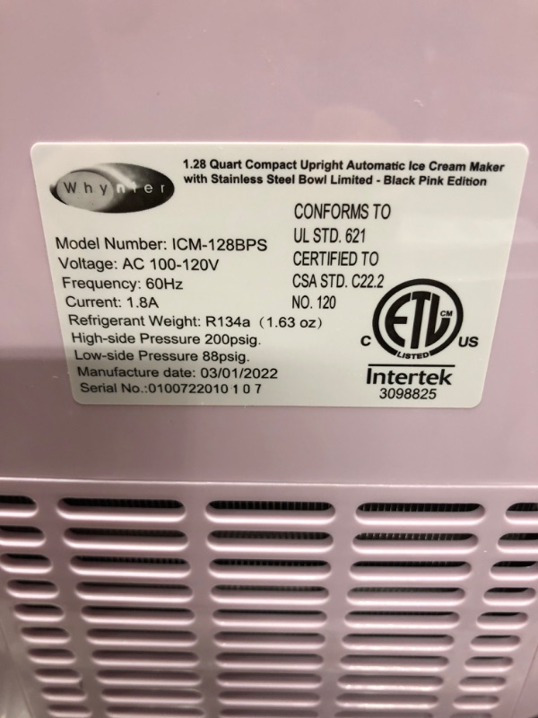 Photo 4 of **NONREFUNDABLE**FOR PARTS OR REPAIR**SEE NOTES**
Whynter ICM-128BPS Upright Automatic Ice Cream Maker 1.28 Quart Capacity with Built-in Compressor, no pre-freezing, LCD Digital Display, Timer, with Stainless Steel Bowl Limited Black Pink Edition Black & 