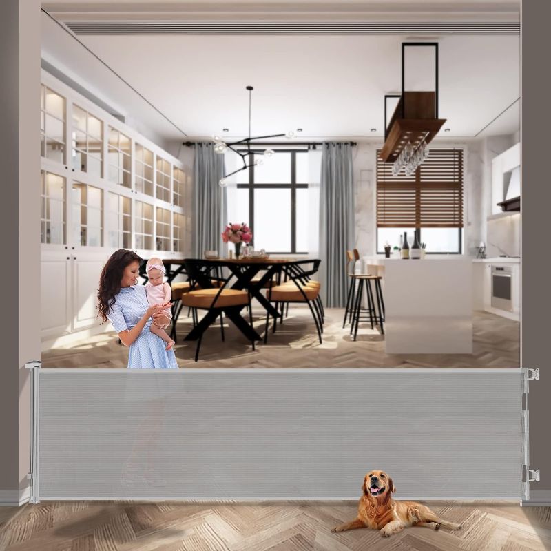 Photo 1 of 118 Inch Extra Wide Retractable Baby Gate,Mesh Large Baby Gate or Mesh Pet Dog Gate, Opening Wide Extra Long Child Safety Gate for Indoor Baby Fence, Outdoor, Driveway, Stairs, Hallways, Deck (Grey)