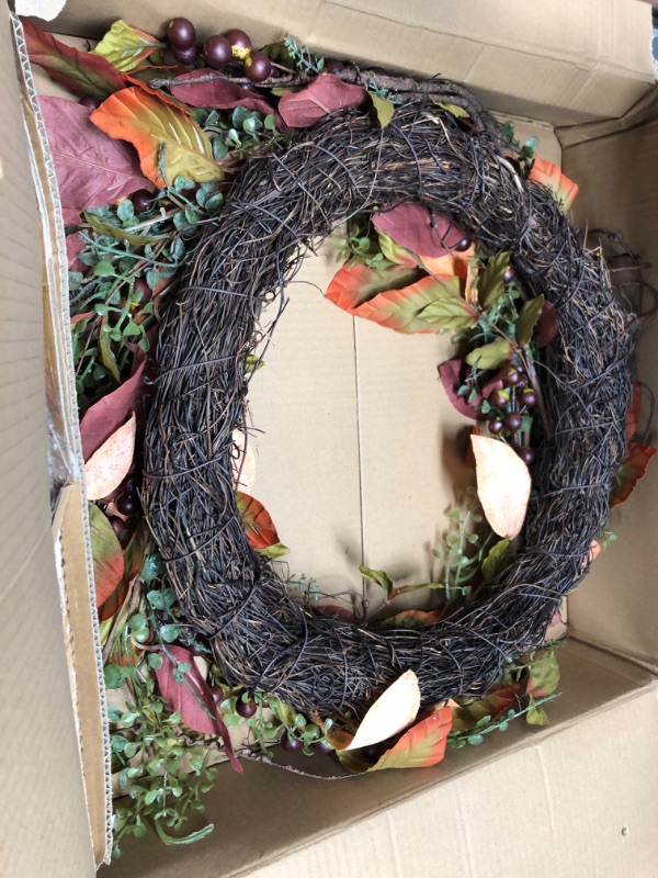 Photo 2 of 24 Inch Fall Front Door Wreath Burgundy Berry Wreath with Mixed Magnolia Maple Leaves Large Decor on Farmhouse Grapevine for Christmas Celebration Front Door Wall Window Home Decoration Hb-09