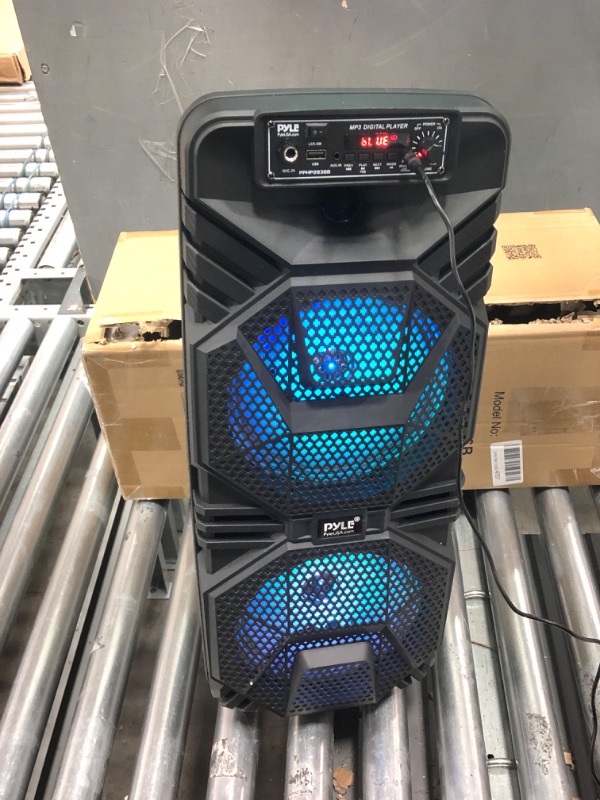 Photo 2 of Pyle Bluetooth PA Speaker System - 600W Rechargeable Outdoor Bluetooth Speaker Portable PA System w/ Dual 8” Subwoofer 1” Tweeter, Microphone In, Party Lights, USB, Radio, Remote - Pyle PPHP2836B Speaker System Speaker System