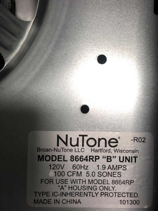 Photo 4 of **PARTS** *SEE NOTES* Broan-Nutone 8664RP Exhaust Fan and 100-Watt Incandescent Light 