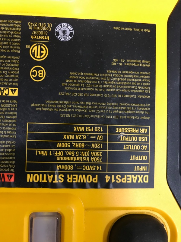 Photo 3 of ***SEE NOTES***DEWALT DXAEPS14 1600 Peak Battery Amp 12V Automotive Jump Starter/Power Station with 500 Watt AC Power Inverter, 120 PSI Digital Compressor, and USB Power , Yellow
