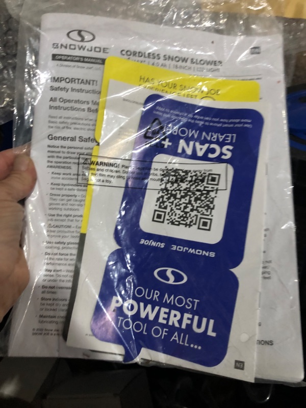Photo 4 of **PREV OPENED BOX APPEARS NEW*Snow Joe 24V-X2-SB18 18-Inch 48-Volt 4-Ah Cordless Snow Blower, (2x4.0AH) Kit (w/ 2 x 4.0-Ah Battery, Charger, and Accessories) 18-Inch Snow Blower