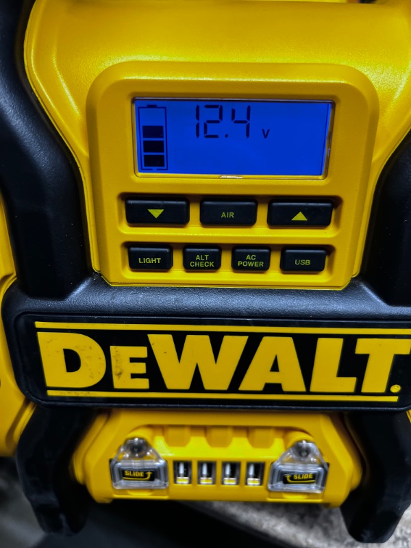 Photo 2 of DEWALT DXAEPS14 1600 Peak Battery Amp 12V Automotive Jump Starter/Power Station with 500 Watt AC Power Inverter, 120 PSI Digital Compressor, and USB Power , Yellow