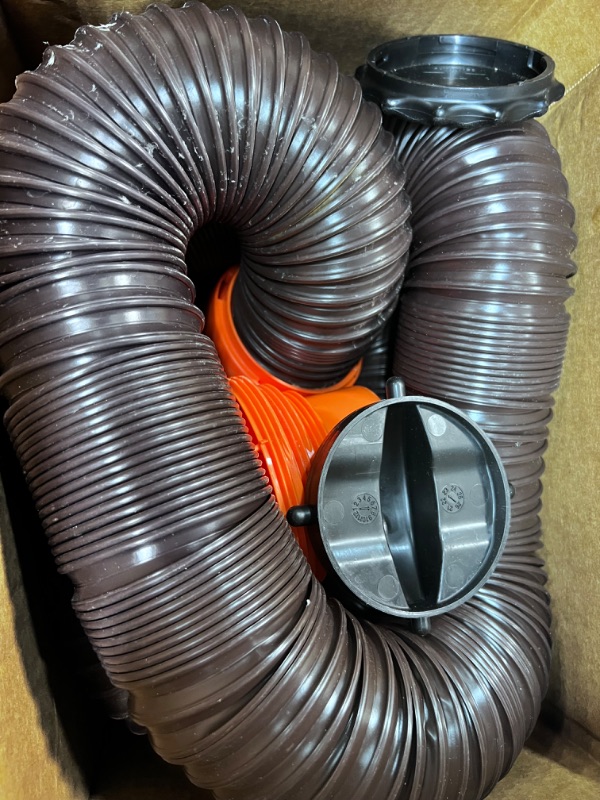 Photo 2 of Camco RhinoFLEX RV Sewer Hose Kit with Swivel Transparent Elbow and 4-in-1 Dump Station Fitting, Brown, 15 Feet (39770) 15ft Sewer Hose Kit Frustration-Free Packaging