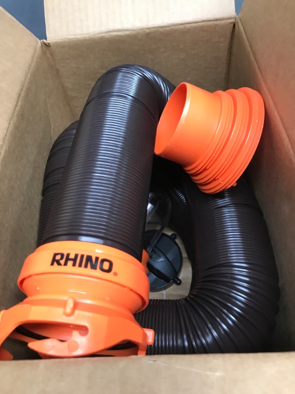 Photo 2 of Camco RhinoFLEX RV Sewer Hose Kit with Swivel Transparent Elbow and 4-in-1 Dump Station Fitting, Brown, 15 Feet (39770) 15ft Sewer Hose Kit Frustration-Free Packaging