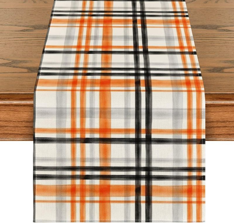Photo 1 of 2 PACK Artoid Mode Orange Black Buffalo Plaid Fall Table Runner, Halloween Kitchen Dining Table Decoration for Outdoor Home Party 13x72 Inch