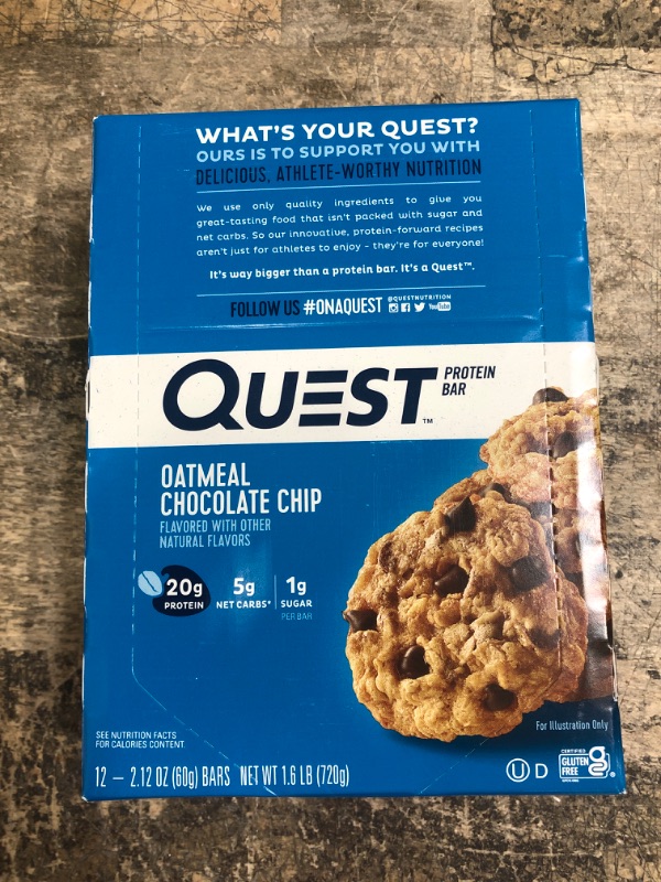 Photo 2 of *BEST BY 2/9/2024* Quest Nutrition Oatmeal Chocolate Chip Protein Bar, High Protein, Low Carb, Gluten Free, Keto Friendly, 12 Count
