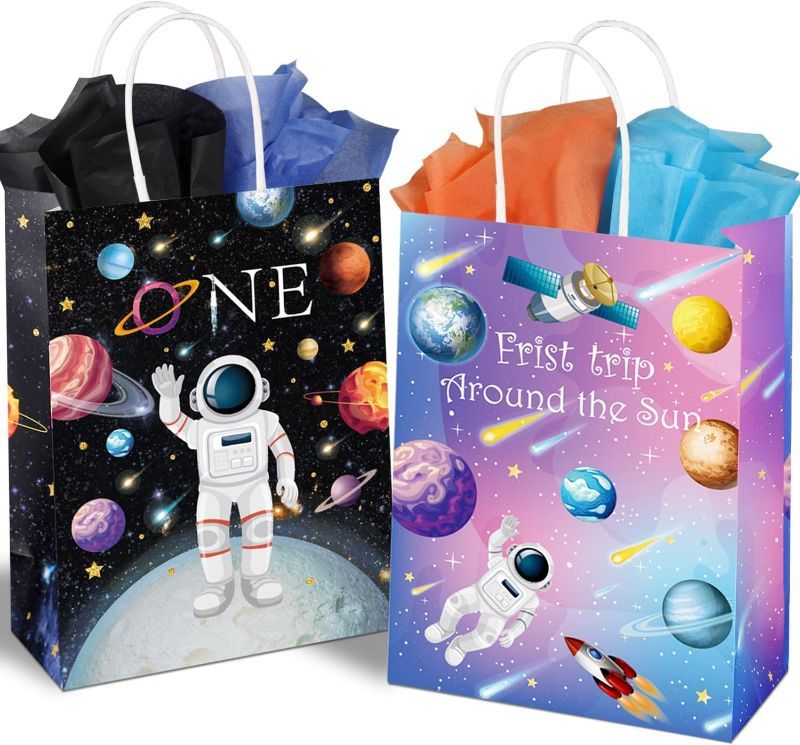 Photo 1 of 2 PACK(48 PIECES TOTAL) GITMIWS 24Pcs Outer Space Paper Gift Bags with Tissue, 8.7'' Small Paper Party Favor Goodie Bags with Handles, Birthday Gift Bag for Kids Boys Space Galaxy Astronauts Theme Party Supplies