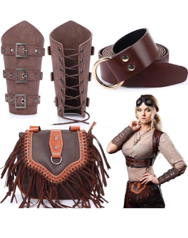 Photo 1 of Eccliy 4 Pcs Halloween Renaissance Costume Accessories Faux Leather Belt Pouch Arm Guards Set Renaissance Belt Knight Belt Tassel Renaissance Bag Waist Packs Cosplay for Party Costume